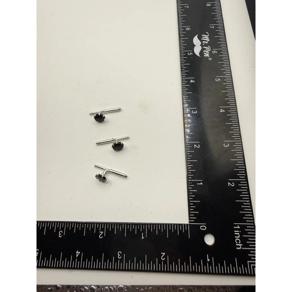 Vintage Silver Tone Black Onyx Style Tuxedo Shirt Studs Set of 3 Formal Wear